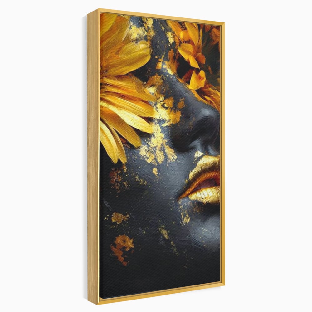 Tablou canvas cu tablou canvas cu portret feminin si foita aurie, in rama de aluminiu auriu